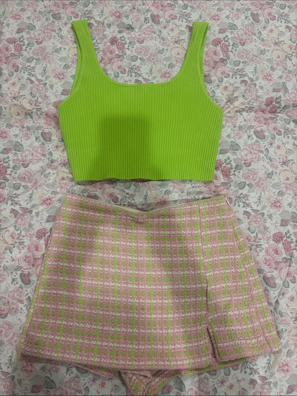 Green Ribbed Crop Tank and Pink Plaid Tweed Skirt Set